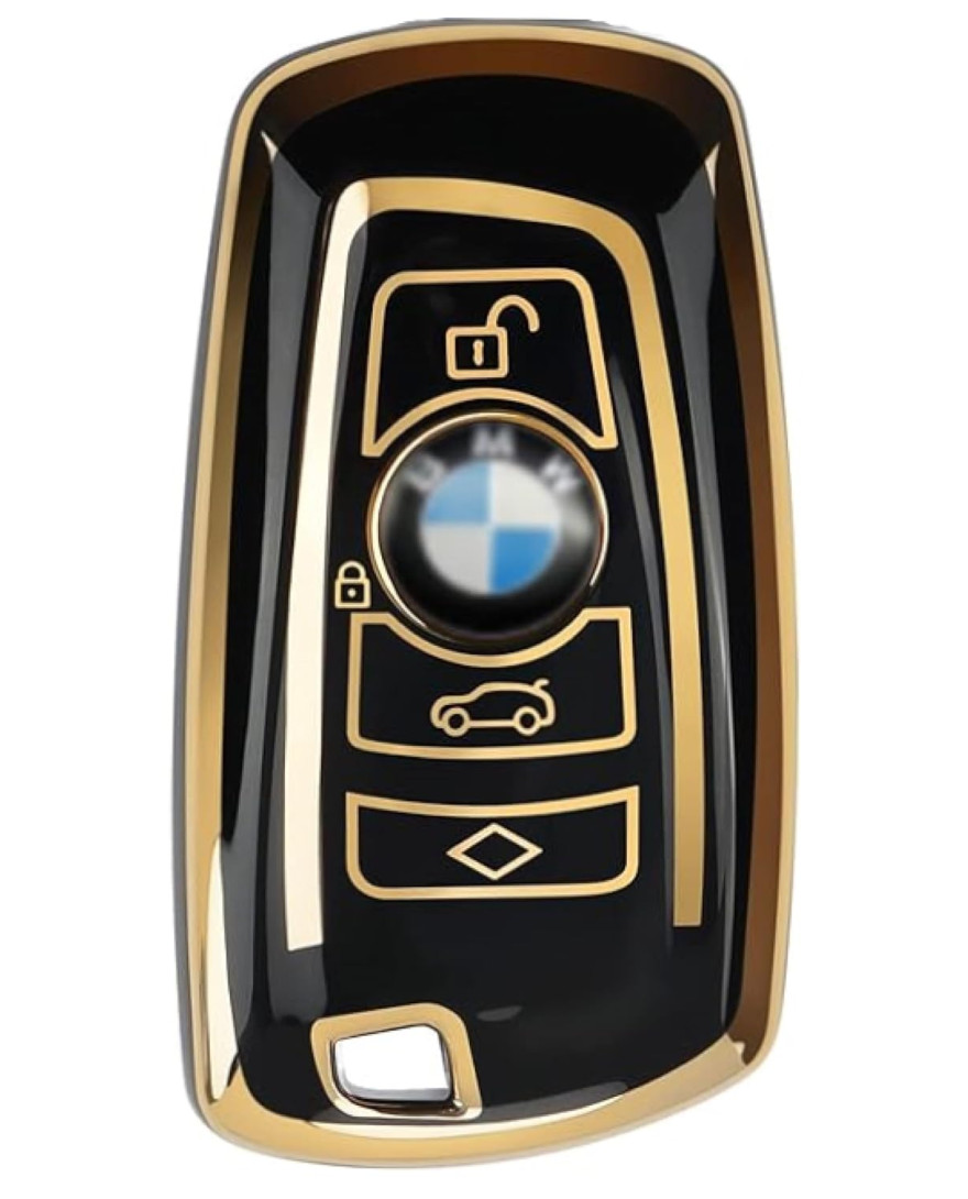 keycare TPU Key Cover For BMW : X4, X3, 5 Series, 6 Series, 3 Series, 7 Series 4 Button Smart Key T1  | TP58 Gold Black